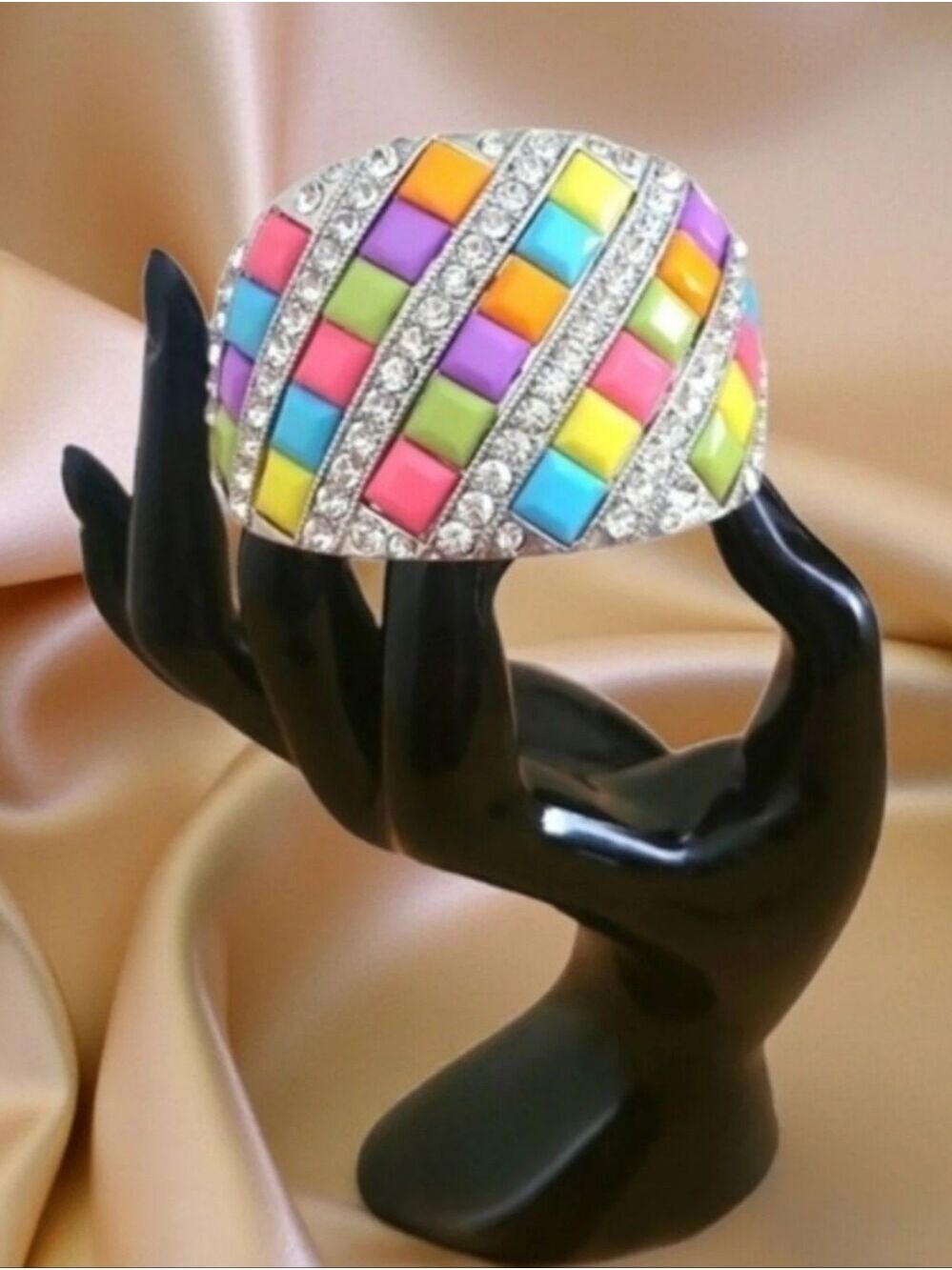 Y2K Multicolor Tile Rhinestone Hinged Cuff Bracelet | Statement Jewelry